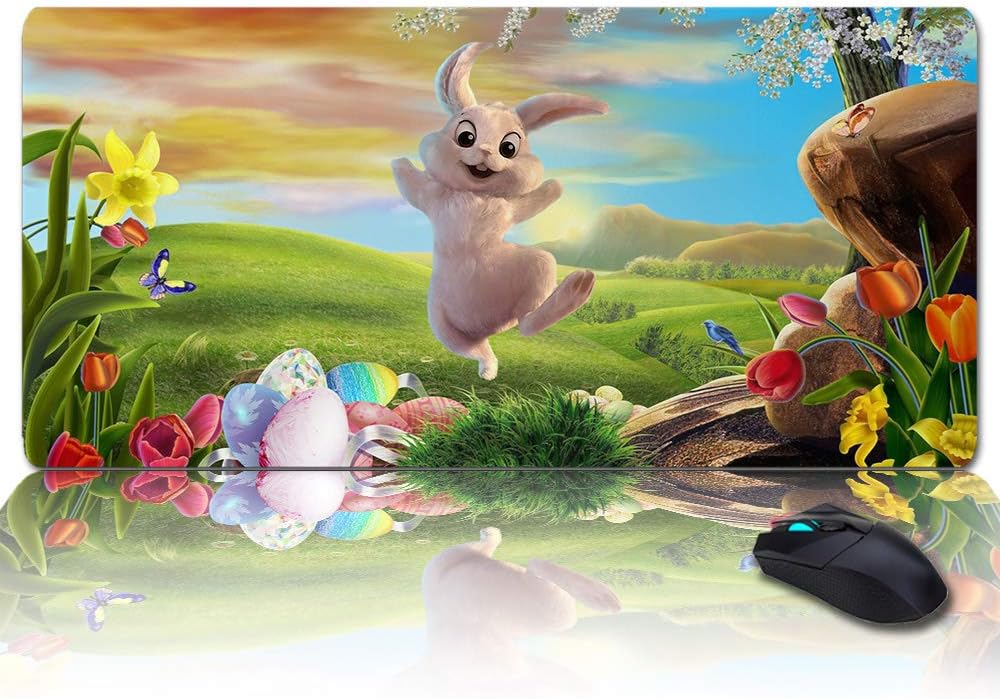 Large Gaming Mouse Pad Full Desk Pad-Happy Easter Bunny Farm Egg Rainbow,Non-Slip Rubber Base Ergonomic XXL Keyboard Mat for Laptop/Computer/Desk Accessories