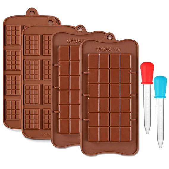 CKANDAY 4 Stück Silikon Schokoladenformen & 2 Clear Liquid Droppers, 2 Stil der Break-Apart Antihaft-Protein Candy und Energy