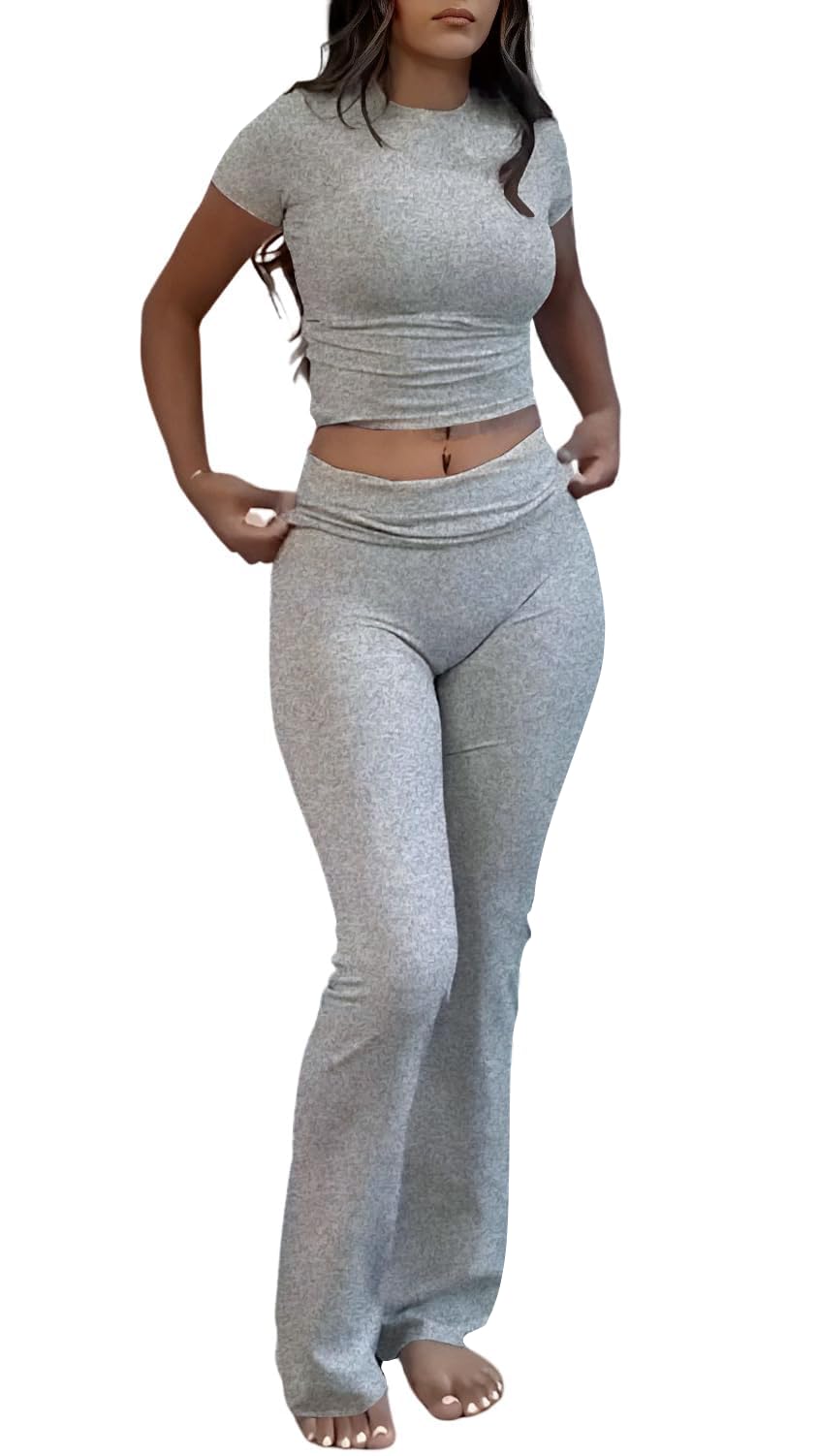 Photo 1 of Nimsruc Two Piece Lounge Sets For Women Summer Outfits Short Sleeve Petite Pant Sets Comfy Matching Clothing Light Gray L