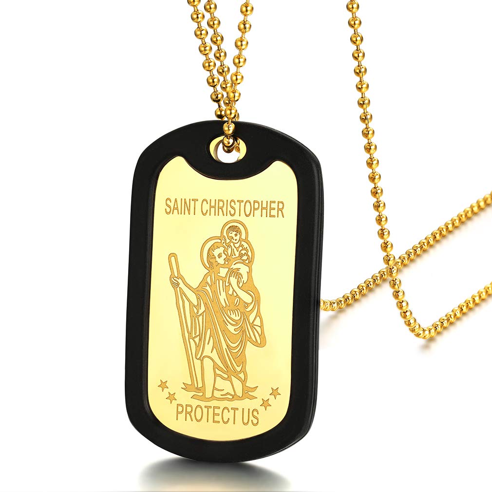 FaithHeart Stainless Steel St Christopher Jewellery for Woman, Gold Plated St Christopher Dog Tag Pendant with Sturdy Chain 23" inch, Lucky Medal Necklace for Mother Wife