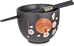 Happy Sales, Japanese Ramen Udon Noodle Soup Cereal Bowl With Chopsticks (GreyCherry)
