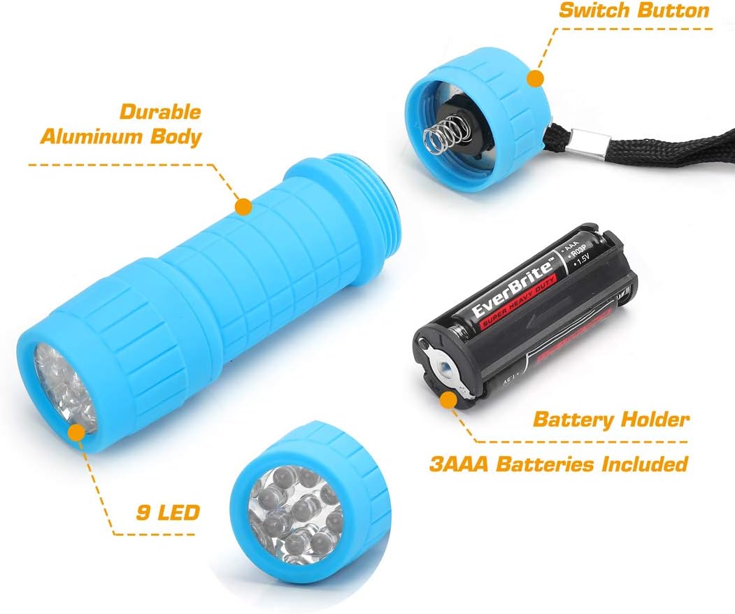 EverBrite 9-LED Flashlight 6-pack Impact Handheld Torch Assorted Colors with Lanyard 3AAA Battery Included (Hurricane Supplies, Camping, Hiking, Emergency, Hunting) - - 