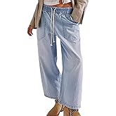 QLAUYIOE Women's Drawstring Baggy Jeans Trendy Elastic Waisted Boyfriend Wide Leg Denim Pants