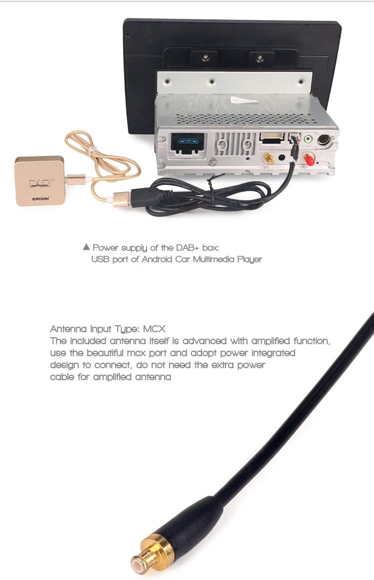 Erisin DAB+ Digital Radio Box Aerial with Amplified Antenna Kit Adapter for Car Stereo Android 11 12 13 14 USB Port Connection - Image 4