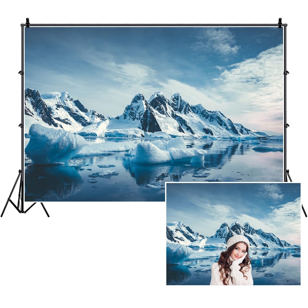SDOTPMT 8x6ft South Polar Iceberg Polyester Backdrop Polar Sea Blue Sky Natural Melting Snow Mountain Photography Background Outdoor Adventure Travel Portraits Photo Studio Props Wallpaper
