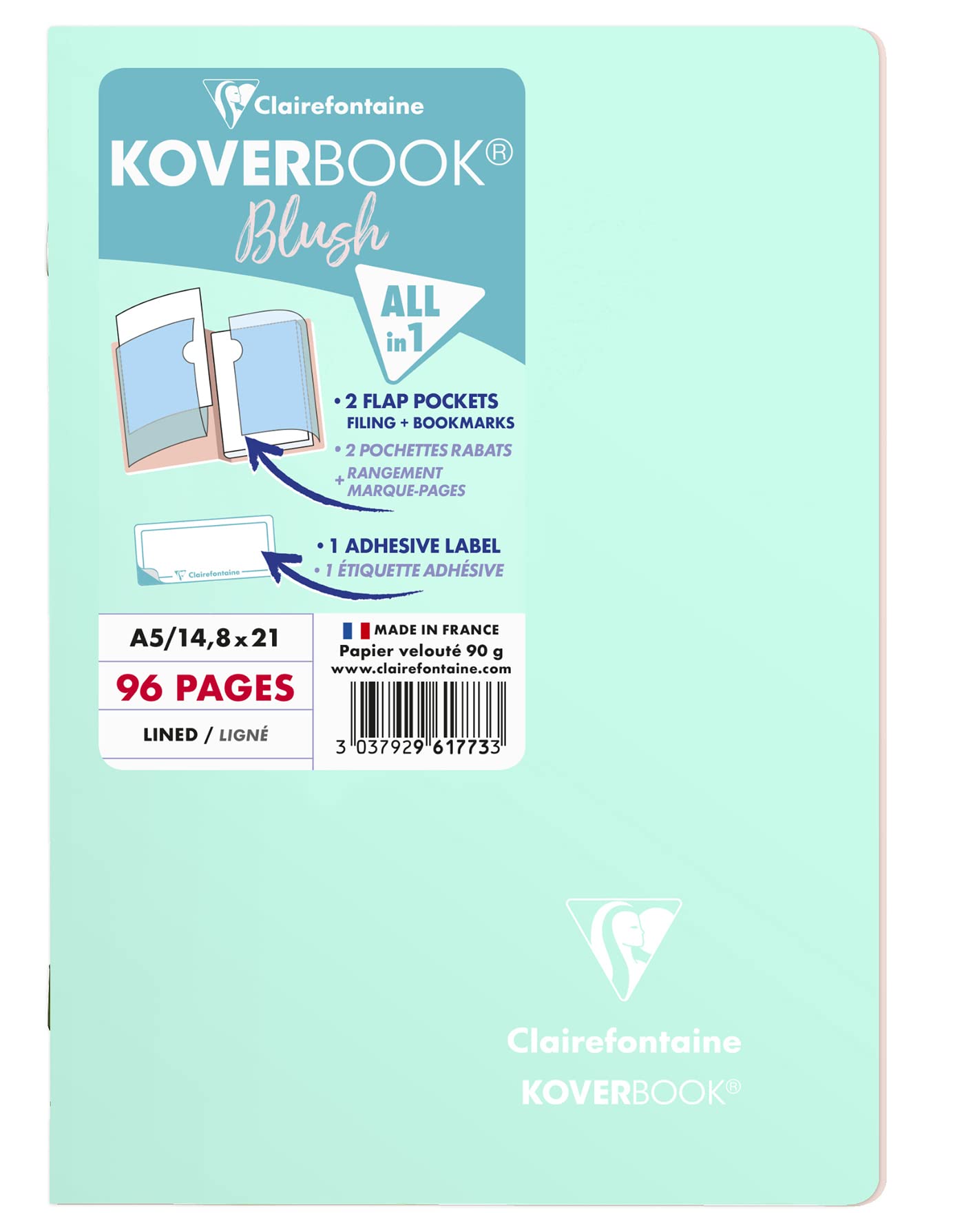 Clairefontaine 961773C - One Koverbook Stapled Notebook Blush Water Mint - Dimensions: A5 14,8x21 cm - 96 Lined Pages - White Paper 90 g - Polypro Cover