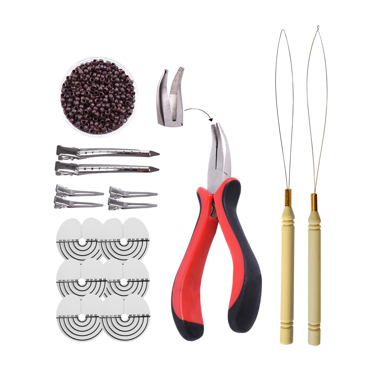 Hair Extensions Kit: I-tip Hair Pliers,Pulling Needle,Loop Threader and 500 Pieces 2.5mm Hair Extension Nano Beads Rings (Brown)