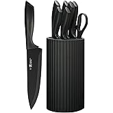 HUNTER.DUAL Knife Set, 8-Piece Kitchen Knife Set for Chef, Sharp Knife Set with Universal Knife Block, Anti-Rust Kitchen Knife Block Set, Ergonomical Design (Black)