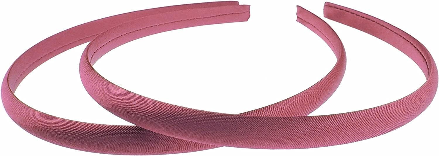 Pair of 2 Slim Thin 1cm Satin Covered Teens Girls Bridesmaid Basic Party Satin Plain DIY Alice Headband Hairband Head Hair Band Kids School Uniform (Wine, One Size)