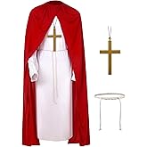 Fourluoo Jesus Costume Adult Men Religious Christ Pope Costume Includes White Coat and Red Cape with Waist Rope and Gold Cross for Easter Halloween Cosplay