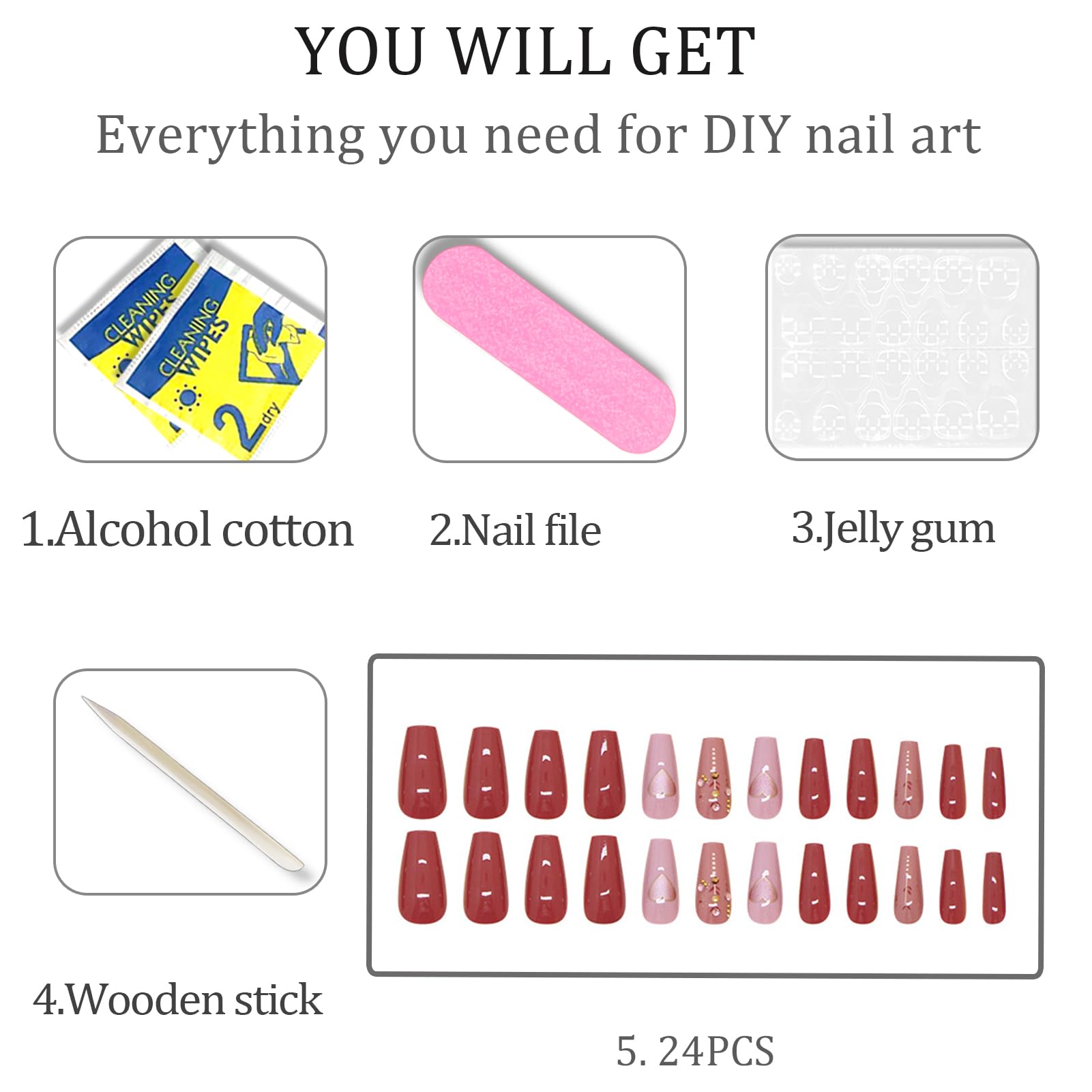 24Pcs Valentines Press On Nails Medium Square - Heart Press On Nails, Valentines Fake Nails with Heart&Diamond Glossy Design, Artificial Valentines Nails Stick On Nails for Women（Simplicity ） - Image 6