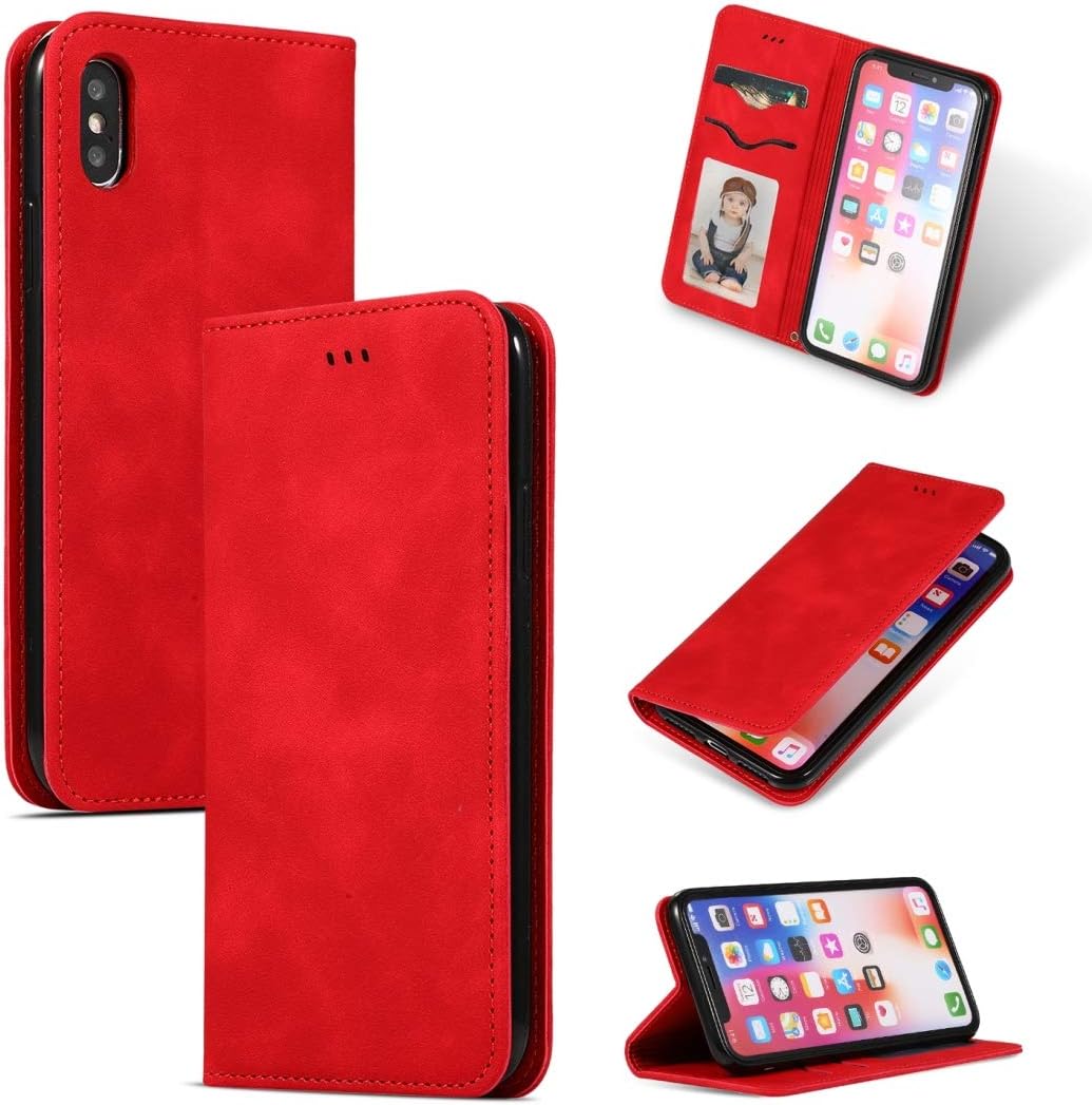 WERT Phone Case Retro Skin Feel Business Magnetic Horizontal Flip Leather Case for iPhone XS Max(Army Green) Anti Scratch Protective Cover (Color : Red)