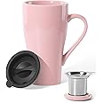 ARRADEN Tea Cup with Infuser and Lid, 18oz Large Tea Infuser Mug, Ceramic Loose Leaf Tea Mug with Silicone Lid, Tea Strainer Cup for Women, Man, Christmas, Gifts (Pink)