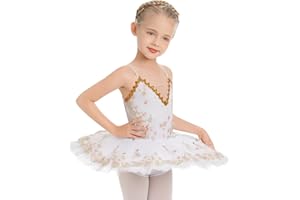AFAVOM Ballet Leotards for Girls with Platter Tutu Professional Hard Organdy Camisole Skirt Swan Lake Feather Hem Dancewear