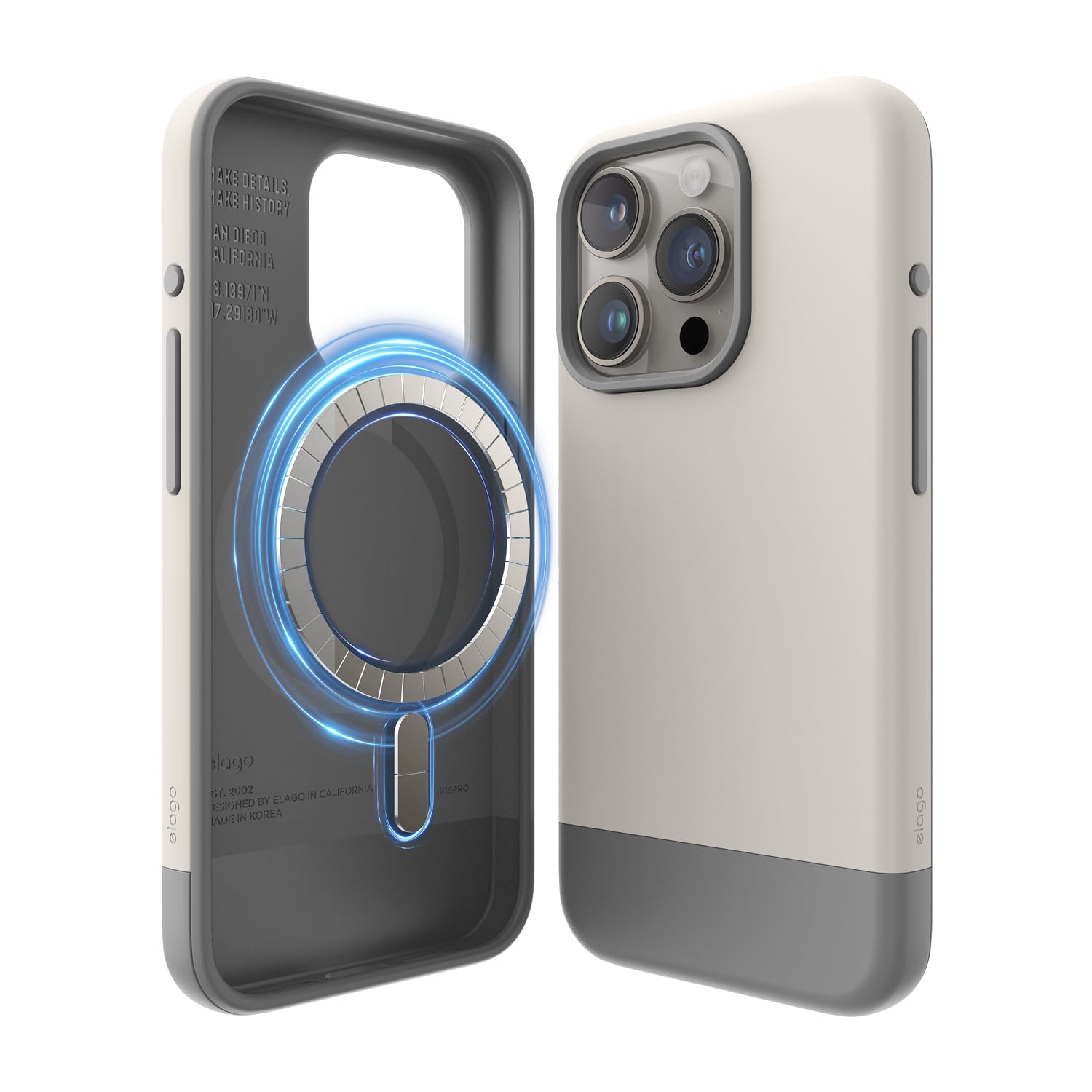 elago Magnetic Glide Case Compatible with iPhone 15 Pro Case, Compatible with MagSafe, Two-tone Design, Full Body Protective Cover [PC + TPU], Enhanced Camera Guard (Stone/Medium Grey)