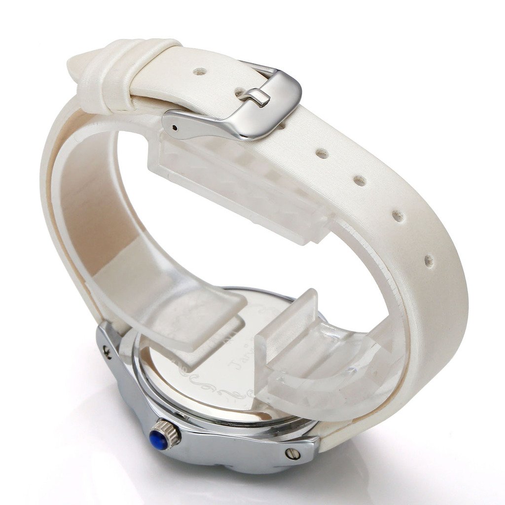 JSDDE Uhren,Elegant Frau Armbanduhr Strass Blume-Form Damenuhr mit Muschel Echtleder Armband Analog Qaurzuhr,Weiss