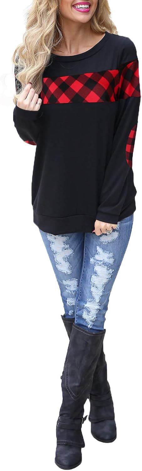 Blooming Jelly Women's Color Block Plaid Shirt Crewneck Sweatshirt Elbow Patches Pullover Sweatshirt Top at  Women’s Clothing store