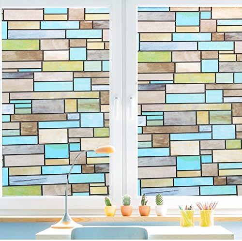 Window Film 3D No Adhesive Privacy Window Cling Decorative Waterproof Static Stickers Cling Stained Glass Window Film 17.7" by 78.7" Heat Control & Anti UV Window Covering (Bricks)