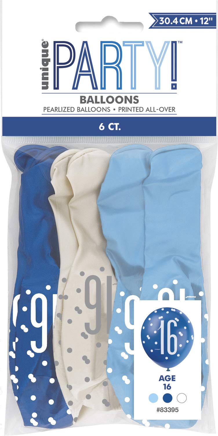 Vibrant 16th Glitz Latex Balloons in Light Blue, Royal Blue, & White (30cm) - Perfect for Parties, Celebrations & Events - 6ct