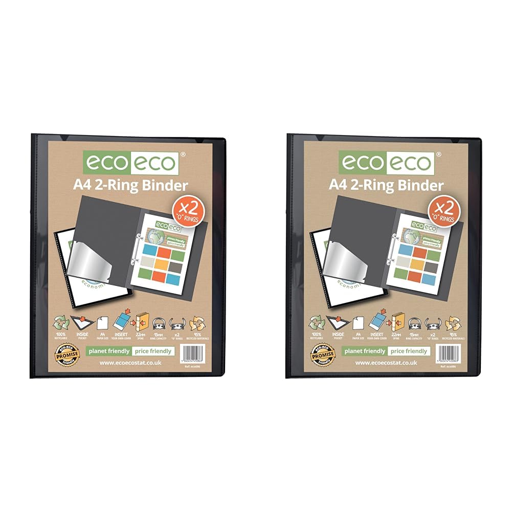 eco-eco A4 95% Recycled Presentation 22mm Spine 2 Ring Binder Black, eco086 (Pack of 2)