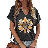 Womens Flowers V Neck Shirt Vintage Boho Floral Wildflowers Graphic Tees Casual Cottagecore Short Sleeve T Shirts