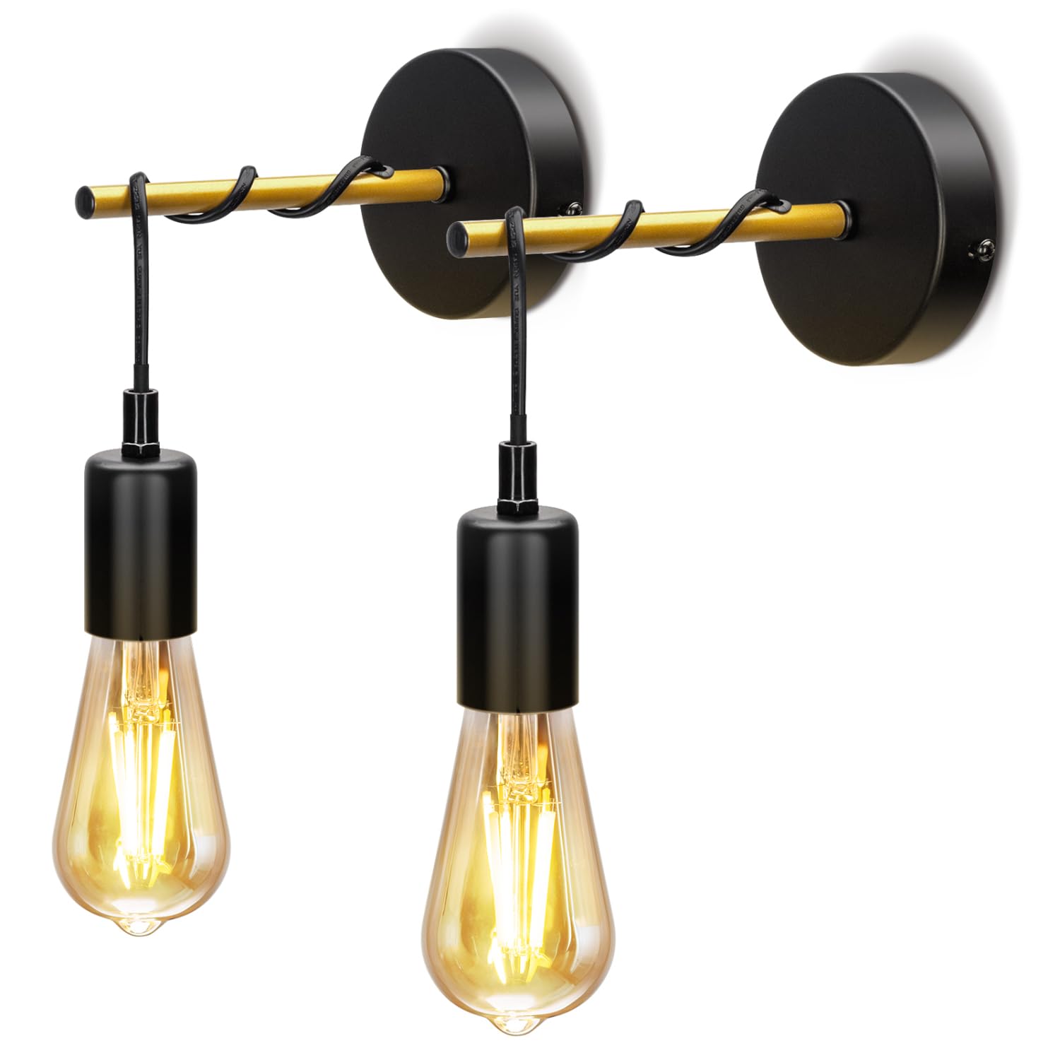 Indoor Wall Lamps Vintage E27, Aigostar Wall Sconce Lights Metal, Black Wall Lights for Living Room Bedroom Kitchen Hallway Bar 2 Pack (Bulb Not Included)