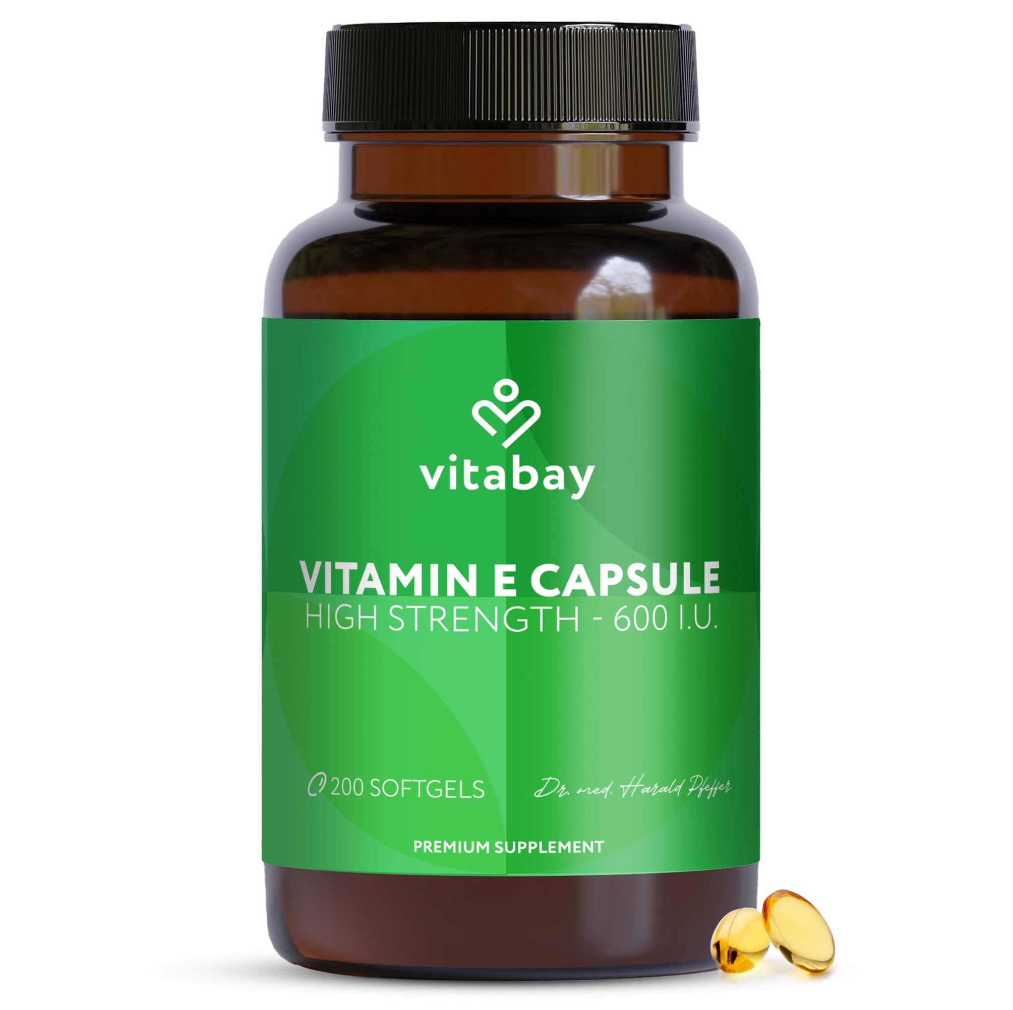 Vitabay Vitamin E 600 IU Depot - 200 Vegan Softgel Capsules - Natural D-Alpha Tocopherol - High Strength - Cell Protection from Oxidative Stress - Lab Tested - 12 Month Supply