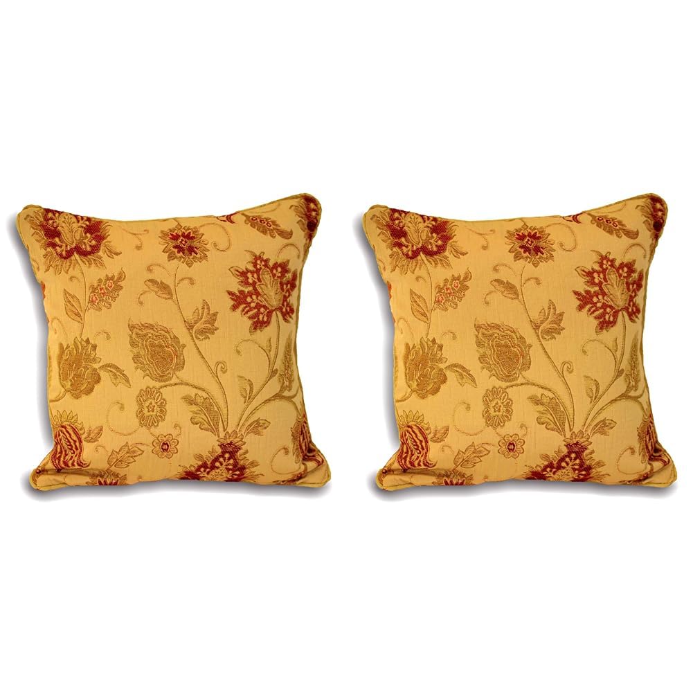 Paoletti Riva Zurich Cushion Cover - Decorative Floral Jacquard Design - Piped Edges - Reversible - 100% Polyester - 45 x 45cm (18" x 18" inches) - Designed in the UK - Gold Yellow (Pack of 2)