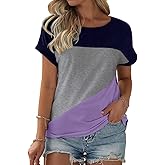 Womens Color Block Short Sleeve Tops Casual Summer T-Shirt