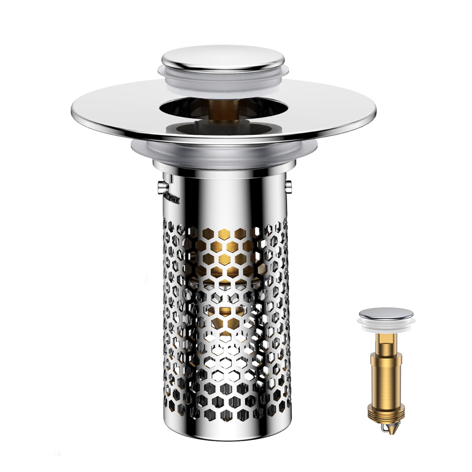 View 1 of ?Bathroom Sink Drain Strainer,Pop-Up Sink Stopper Hair Catcher, Anti-Clog Stainless Steel Drain Filter Basket, Removable Sink Drain for Bathroom Sink Stopper Replacement (Silver-1)