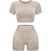 OLCHEE Womens Workout Sets 2 Piece - Seamless Acid Wash Yoga Outfits Shorts and Crop Top Matching Gym Athletic Clothing Set
