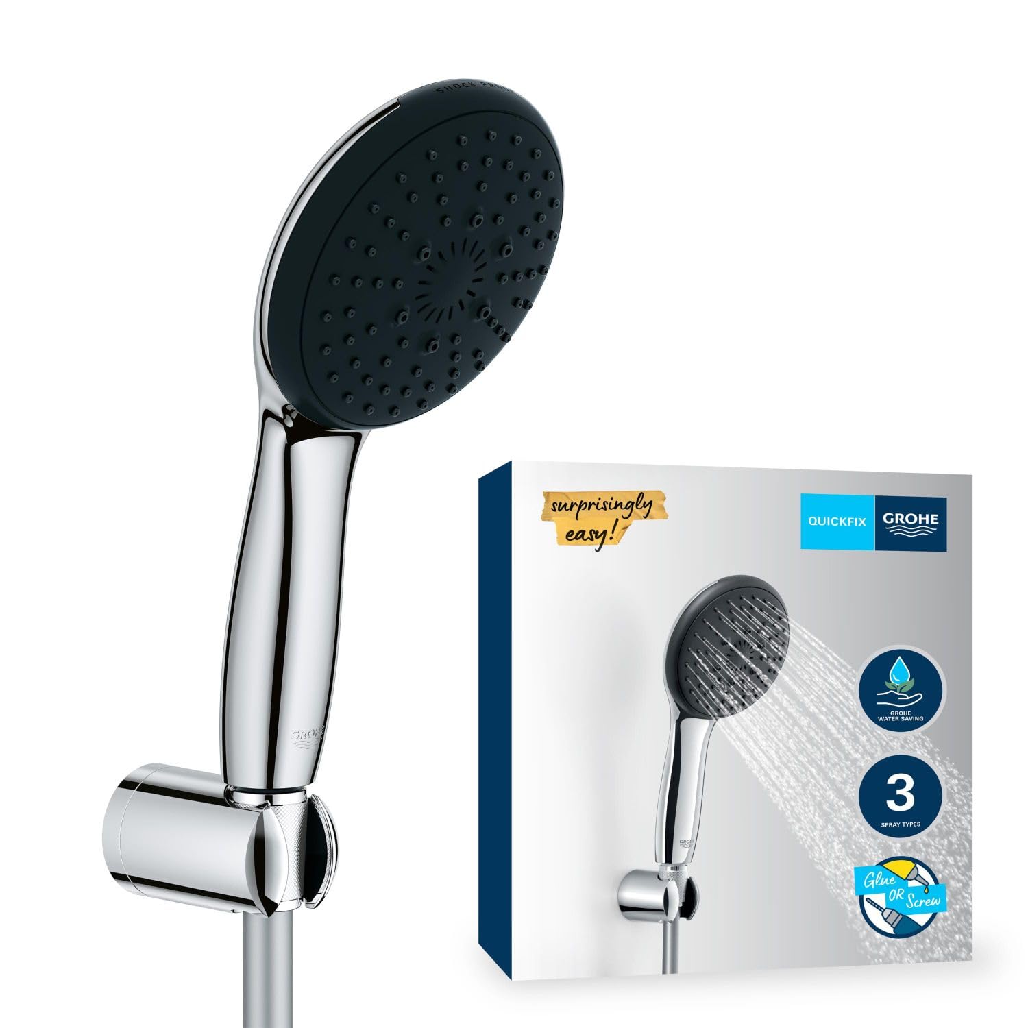 GROHE Vitalio Start 110 - Shower Set (Round 11 cm Hand Shower 3 Sprays: Rain, Jet & Massage, Anti-Limescale System, Shower Hose 1.75 m, Wall Holder), Easy to Fit with GROHE QuickGlue, Chrome, 26769001