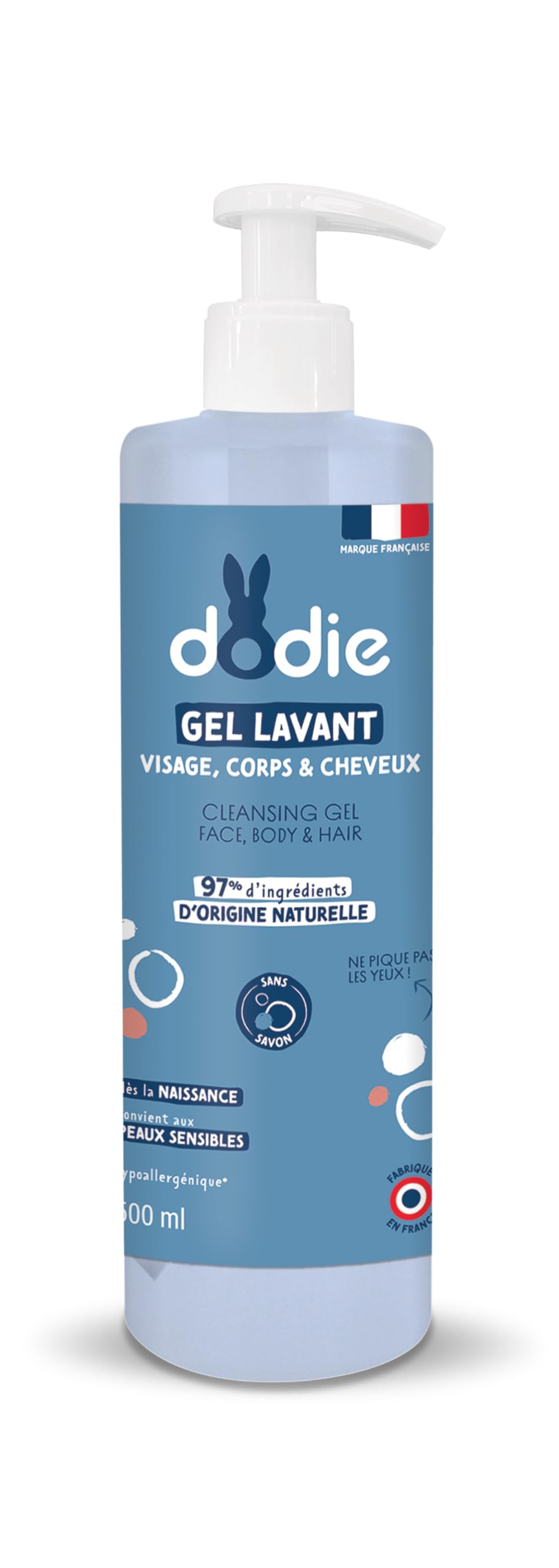 Dodie 3-in-1 Cleansing Gel (500 ml), Face, Body and Hair Cleanser, 92% Ingredients of Natural Origin, Hypoallergenic, From Birth