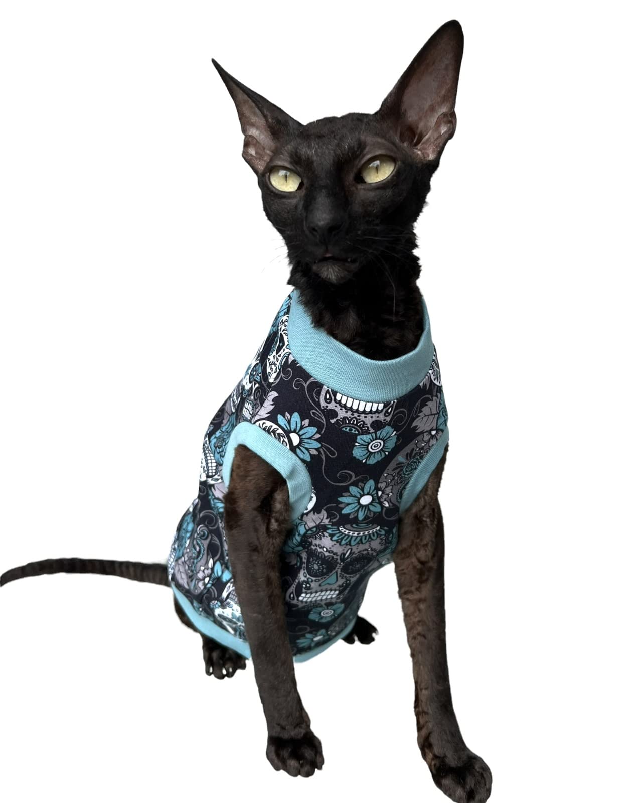 Kotomoda Cat's T-shirt Turquoise scull for Sphynx and naked cats (X-Large)