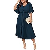 SCOMCHIC Women Plus Size Midi Dresses Wedding Guest Short Sleeve V Neck Tie Waist Casual Summer Flowy A Line Dress