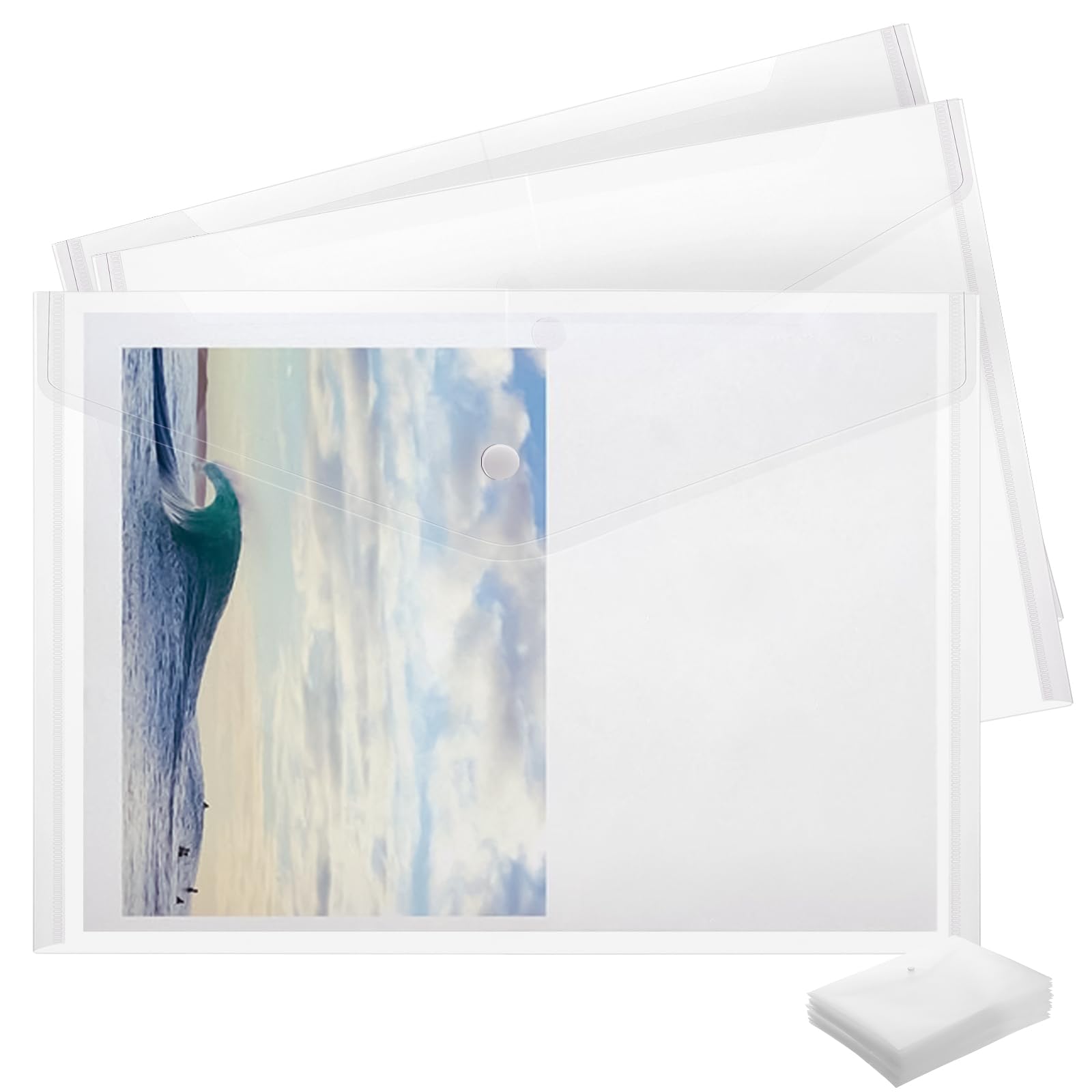 JAPCHET 100 Pcs A4 Clear Plastic Wallets Folders, Popper Envelope Wallet, Transparent Document Folder with Button for Office Travel