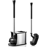 HAMITOR Toilet Plunger and Brush Set: 2 in 1 Stainless Steel Rustproof Combo with Deep Cleaning Curved Bristles - Heavy Duty Toilet Unclogging for Family Bathroom - Compact Apartment Accessories