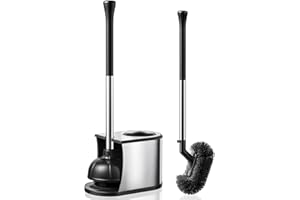 HAMITOR Toilet Plunger and Brush Set: 2 in 1 Stainless Steel Rustproof Combo with Deep Cleaning Curved Bristles - Heavy Duty Toilet Unclogging for Family Bathroom - Compact Apartment Accessories