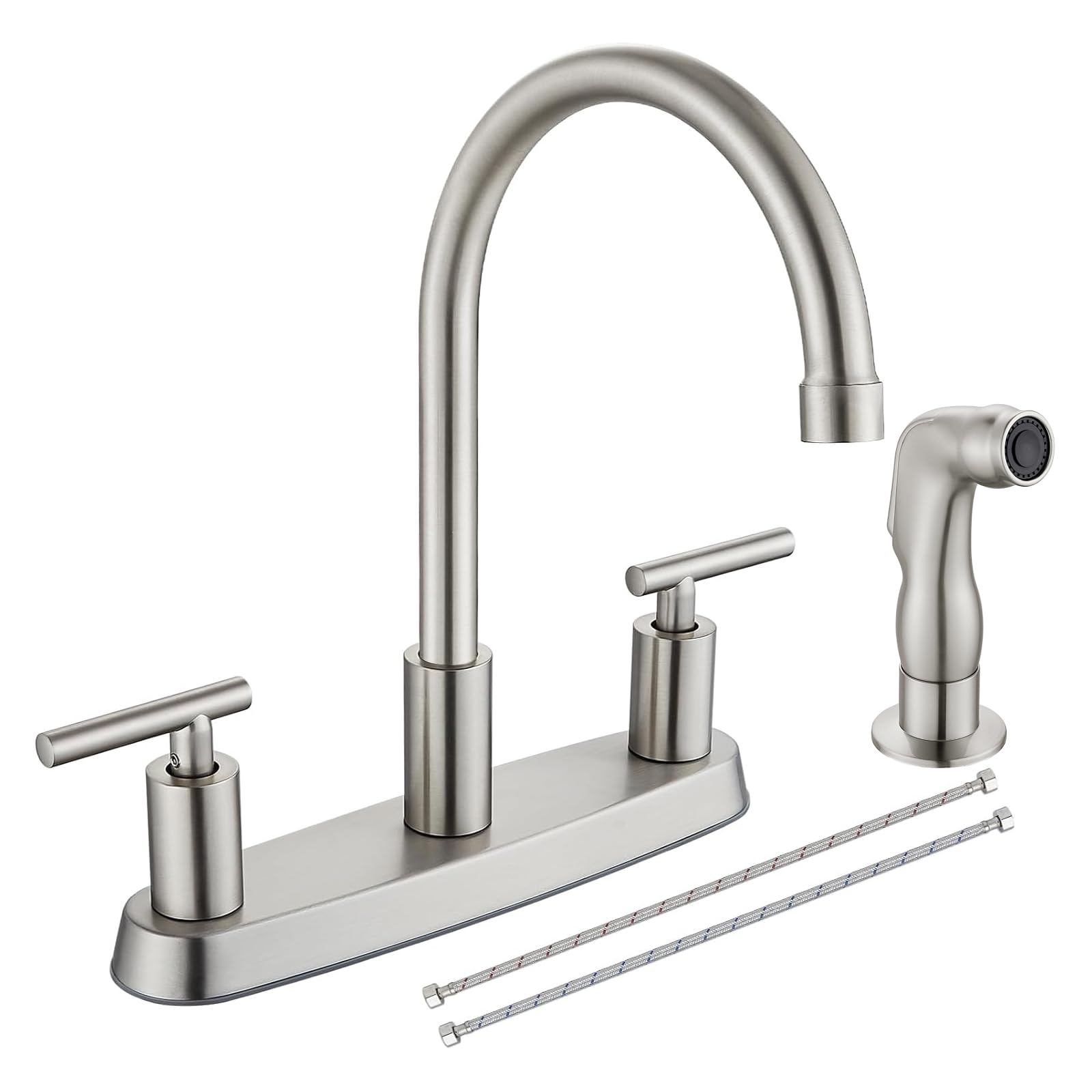 Photo 1 of Cinwiny Kitchen Faucets, High Arc 360°Rotating Spout Kitchen Sink Faucet 2 Handle 8 Inch Centerset RV Kitchen Faucet with Supply Lines, 3 Hole Kitchen Faucet with Side Sprayer, Brushed Nickel