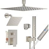 FAROLAN Rain Shower System Brushed Nickel Shower Faucet Set, Dual Rainfall Shower Head Set with 2 in 1 Handheld Spray, Ceiling Mount 12-inch & 6-inch Square Showerheads with Valve, Brushed Nickel