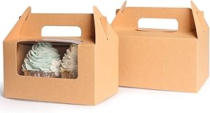 Yotruth Brown Cupcake Box 2 Holders(50Packs),6.2 x 3.5 x 3.5 inch, Cupcake Carrier with Insert and Display Window Goodies Favor Candy Treat Boxs Muffin Carry Container