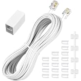 moeverEX Phone Extension Cord 25 Ft, White Telephone Cable with RJ11 Plug | Telephone Cord with 1 in-Line Couplers and 20 Cable Clip Holders, 100% 26 AWG Pure Copper Core, Great Connection and Calls