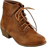 TOP Moda EC89 Women's Foldover Lace Up Low Chunky Heel Ankle Booties