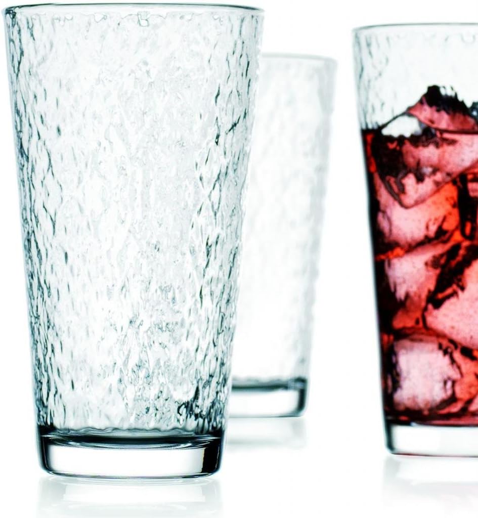 Set of Four (4) Hammered Highball Drinking Glasses 17-ounces ~ 4-piece Elegant Party Glassware Set