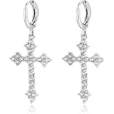 Dangle Cross Hoop Earrings for Women Men 14K Gold Plated Drop Earrings CZ Huggie Hoops Dangling Diamond Cubic Zirconia Earrings