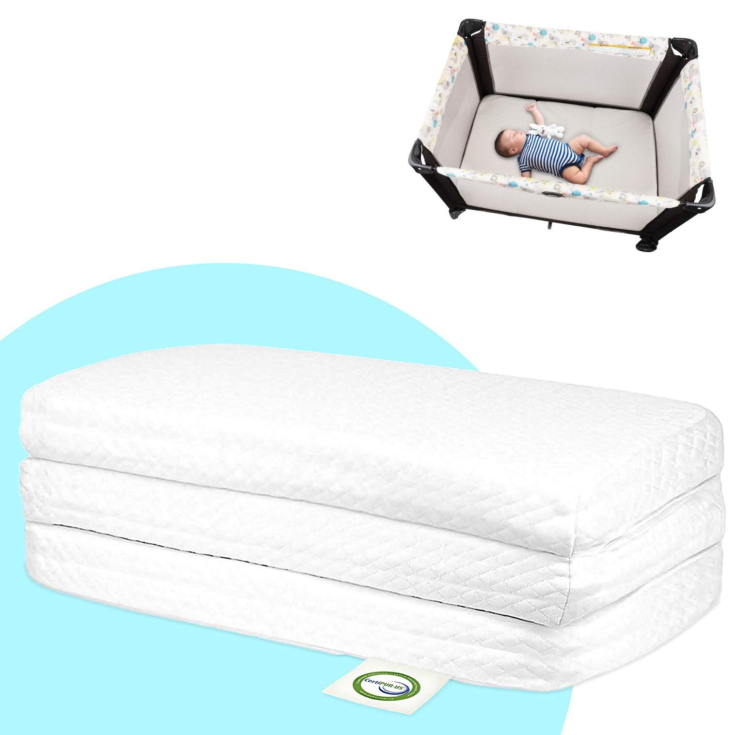 Stock Your Home Pack and Play Mattress Trifold Portable Mini Crib Roll Up Playpen Mattress Pad with High Density Foam for Babies and Toddlers with Travel Tote - Hypoallergenic Travel Mattress (White)