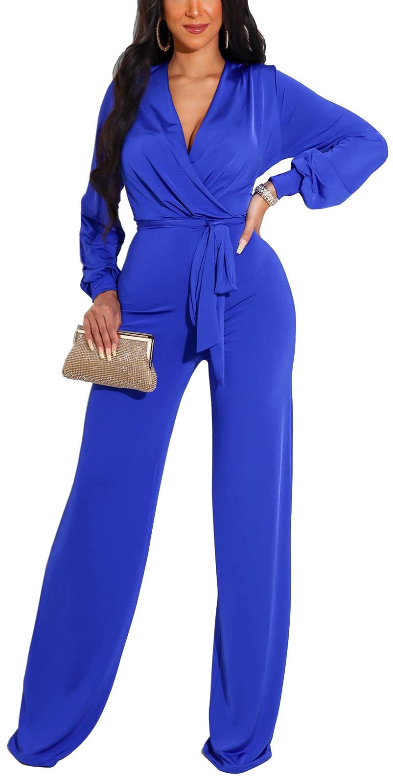 View 1 of (missing belt) shengfan Women's Casual Formal Jumpsuits Plus Size Dressy Wedding Guest Blue Deep V Neck Wide Leg Pants Rompers Clubwear
