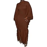 Vaceky Fringe Sweater Dresses Women Trendy Mock Neck Big Bell Sleeve High Slit Dress