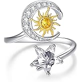 TANGPOET Adjustable Moon Star Ring for Women 925 Sterling Silver CZ Open Rings Celestial Jewelry Gifts for Birthday Christmas Anniversary Graduation