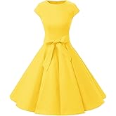 Dressystar Women's Vintage 1950s Polka Audrey Dress 2024 Retro Rockabilly Prom Cocktail Party Dresses Cap-Sleeve 1956LD Yellow XXXL